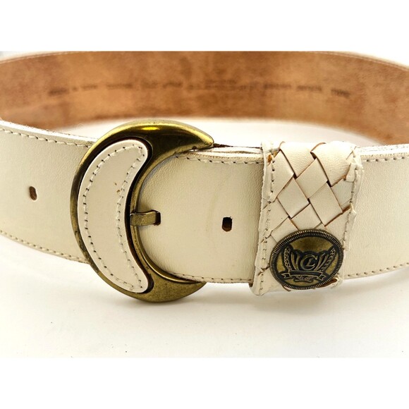 Vtg 1988 LIZ CLAIBORNE Women's S Wide Belt White Leather Brass Buckle Braided - Picture 2 of 9
